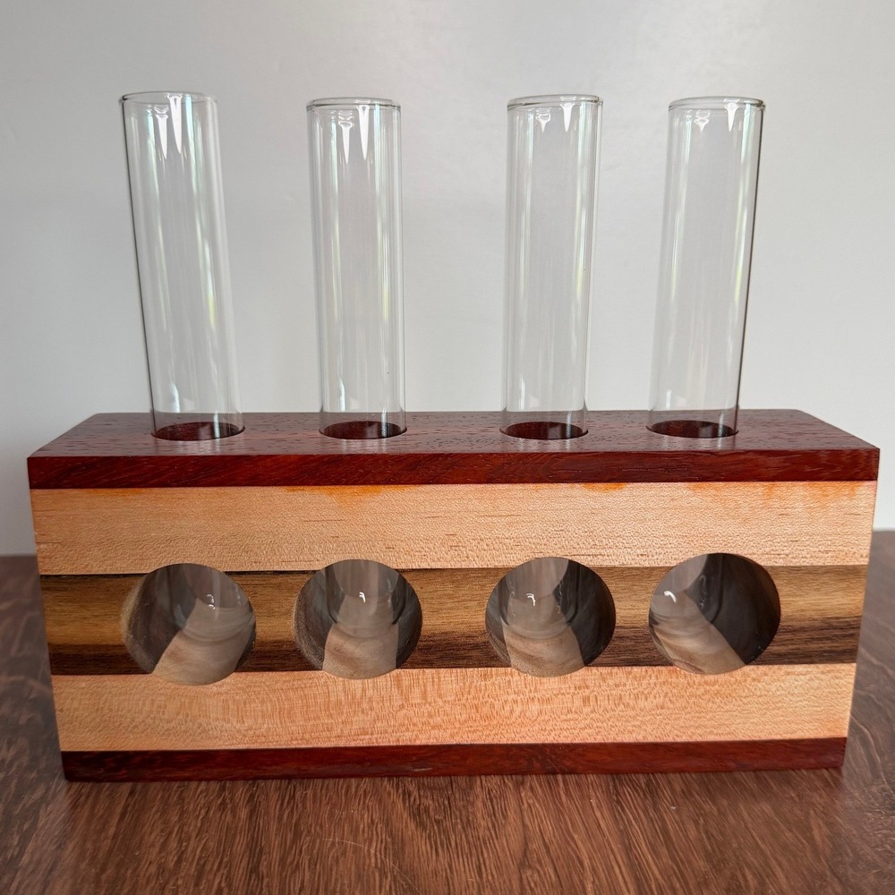 Handcrafted Style Wood Plant Propagation Station 4 Glass Test Tubes Like New